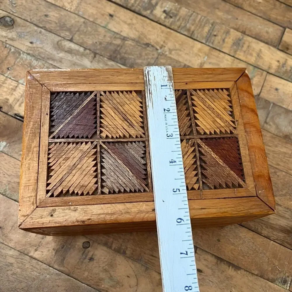Handmade Vintage Jewelry Box Trinkets Folk Art Inlay Two Drawer Wooden 8.5